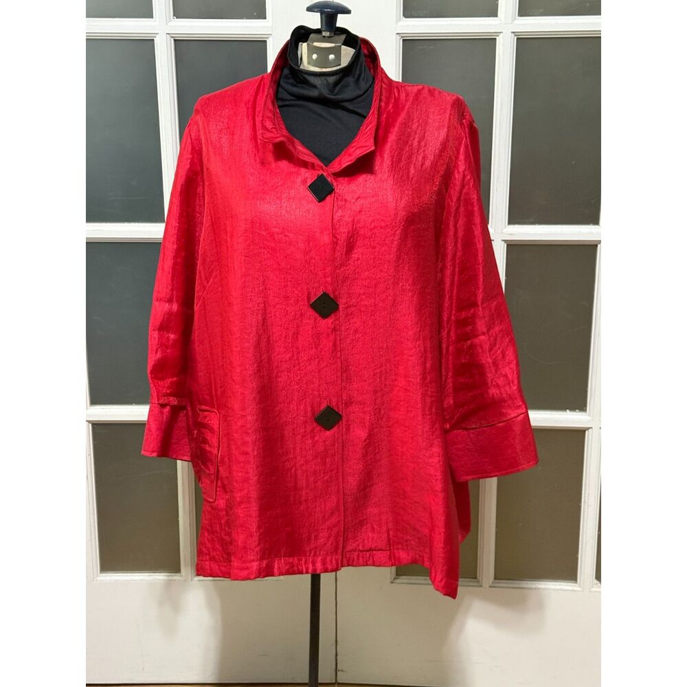 Ali Miles Red Shimmer Wire Collar Shirt Jacket 2X Artsy Lagenlook EUC